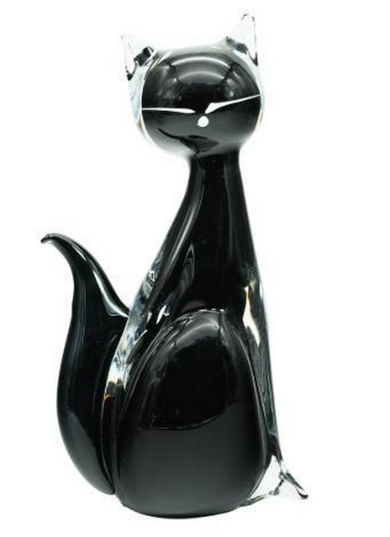 Elegant Black Cat Murano Glass Sculpture: Elegant Black Cat Murano Glass Sculpture. This graceful Murano glass black cat sculpture exudes sophistication and charm, embodying both elegance and mystery. The cat's sleek, flowing form is rendered