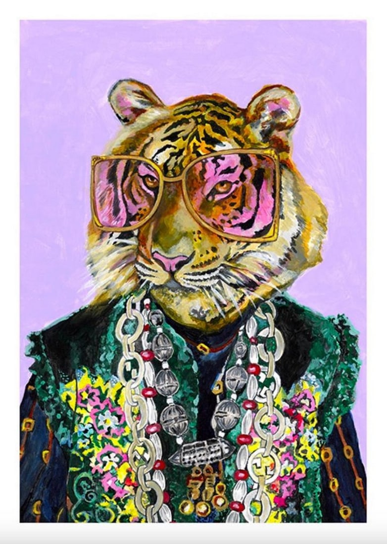 Artsy Bengal Tiger Dressed Up Poster: Artsy Bengal Tiger Dressed Up Poster A tiger in fashionable glasses and a jacket with several cool details on a purple background. This poster has a white margin around the image. Artist: Heather