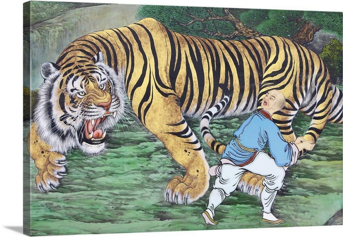 Zen Koan Painting Depicting Monk And Tiger Canvas Reproduction: Zen Koan Painting Depicting Monk And Tiger Canvas Reproduction Size: Width: 24 inches, Height: 16 inches View photos for further details.