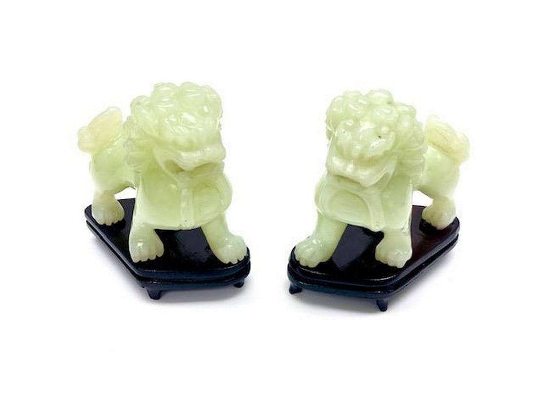 Pair Of Green Jace Foo Dogs With Wooden Stands: Pair Of Green Jade Foo Dogs With Wooden Stands. View Photos For Further Details.