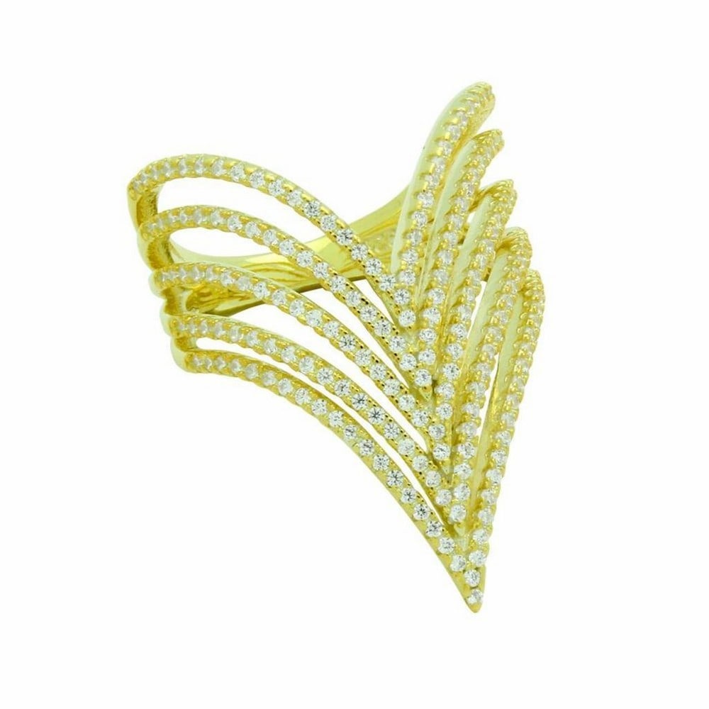 925 Sterling Silver Gold Plated Five Row Micro Pave Chevron V Ring: 925 Sterling Silver Gold Plated Five Row Micro Pave Chevron V Ring Ring Size: 8 View Photos For Further Details.
