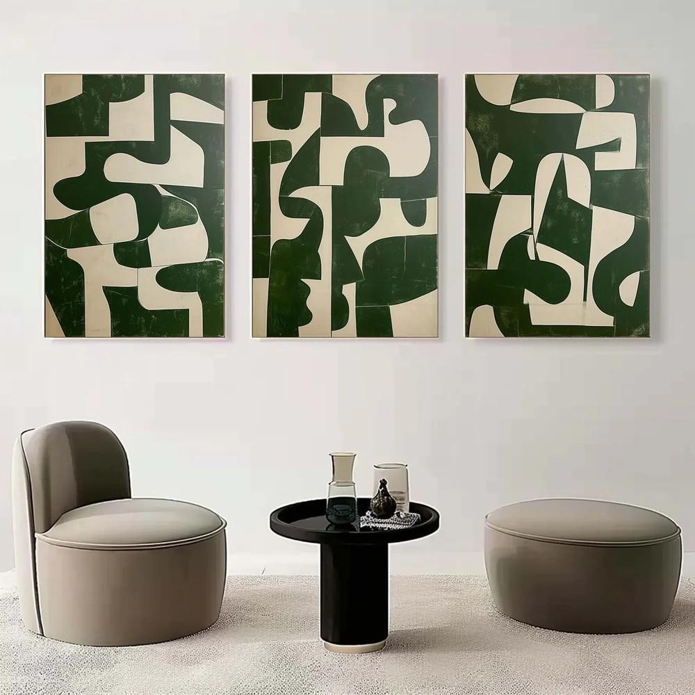 Set of 3 Framed Green & Beige Minimalist Abstract Art Canvas Painting: Set of 3 Green Framed & Beige Minimalist Abstract Art Canvas Painting Enhance your space with this Set of 3 Green & Beige Minimalist Abstract Art Canvas Paintings. Each piece features soothing hues an