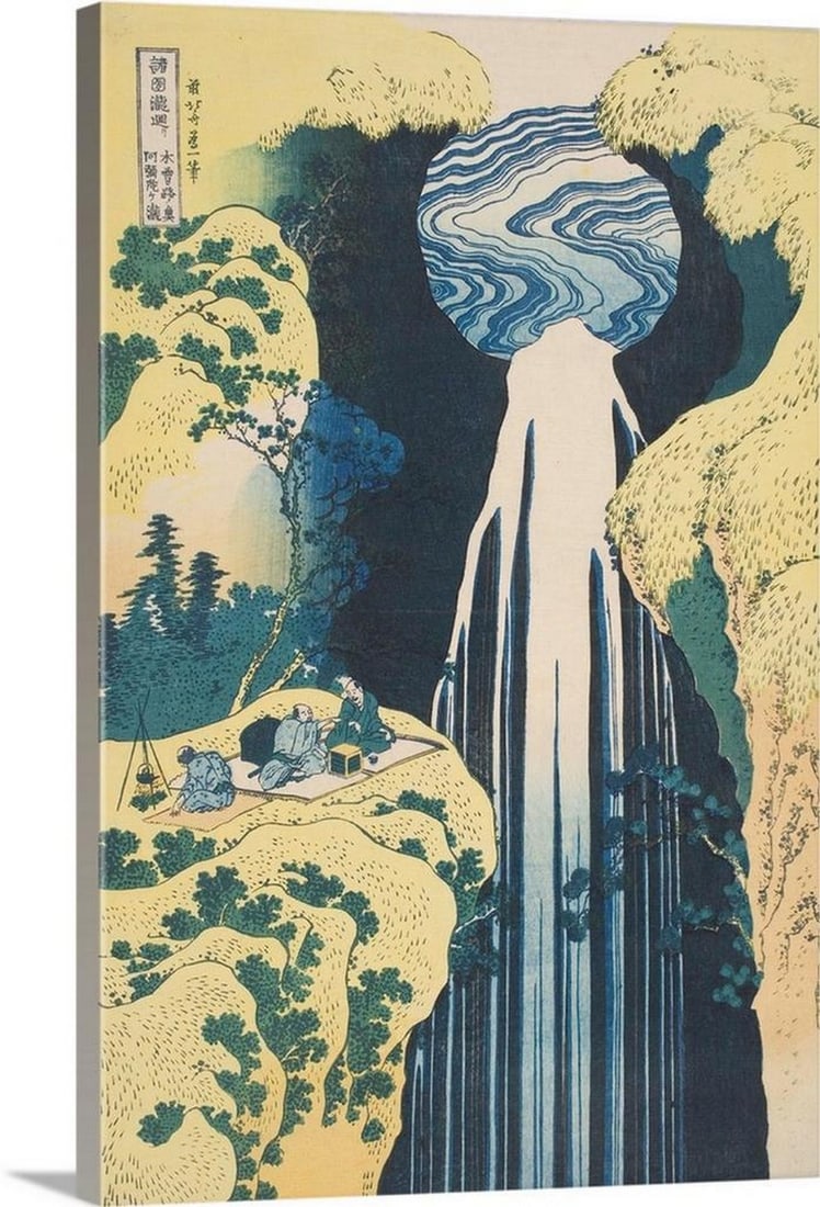 The Amida Waterfall in the Province of Kiso - Canvas Reproduction by Katsushika Hokusai: The Amida Waterfall in the Province of Kiso - Canvas Reproduction by Katsushika Hokusai Originally a woodblock print, The Amida Waterfall in the Province of Kiso captures the dramatic flow of water am