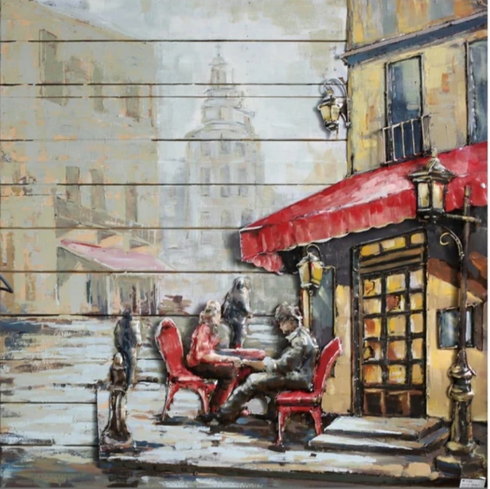 French Cafe 3-D Hand Made Wall Mount Oil Painting: French Cafe 3-D Hand Made Wall Mount Oil Painting. 3D UNIQUE METAL ART - Each piece involves complex craftsmanship; cutting, modeling, welding, aging treatment, anti rust treatment, coloring and matte