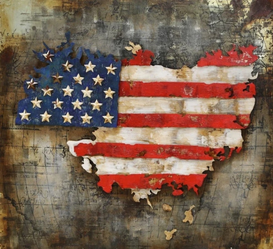 United States Map with American Flag 3-D Wall Mount Painting: United States Map with American Flag 3-D Wall Mount Painting. 3D UNIQUE METAL ART - Each piece involves complex craftsmanship; cutting, modeling, welding, aging treatment, anti rust treatment, colorin