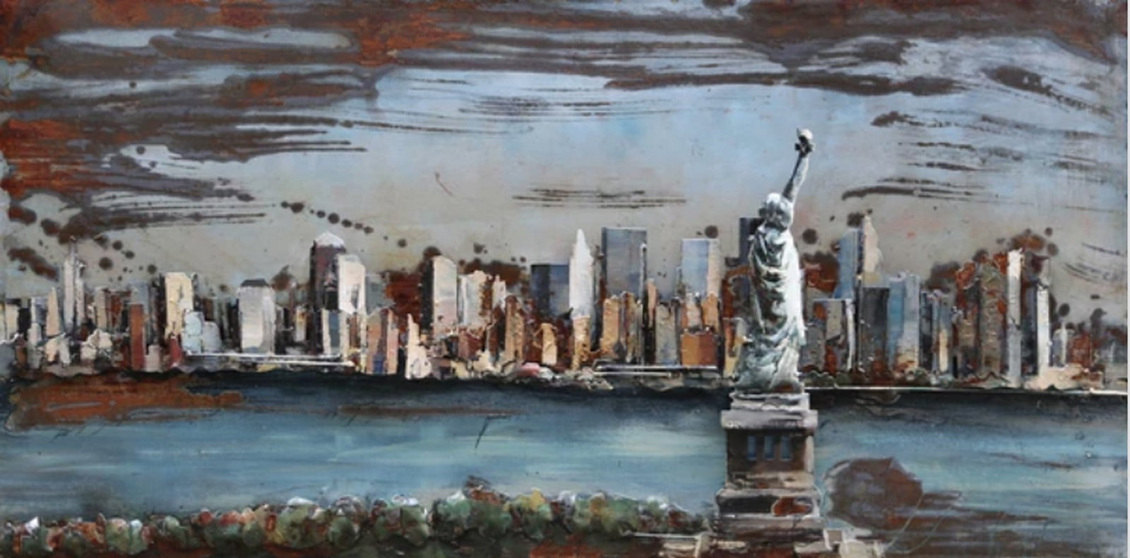 New York Scenic Skyline with Statue of Liberty 3D Wall Painting: New York Scenic Skyline with Statue of Liberty 3D Wall Painting. 3D UNIQUE METAL ART - Each piece involves complex craftsmanship; cutting, modeling, welding, aging treatment, anti rust treatment,