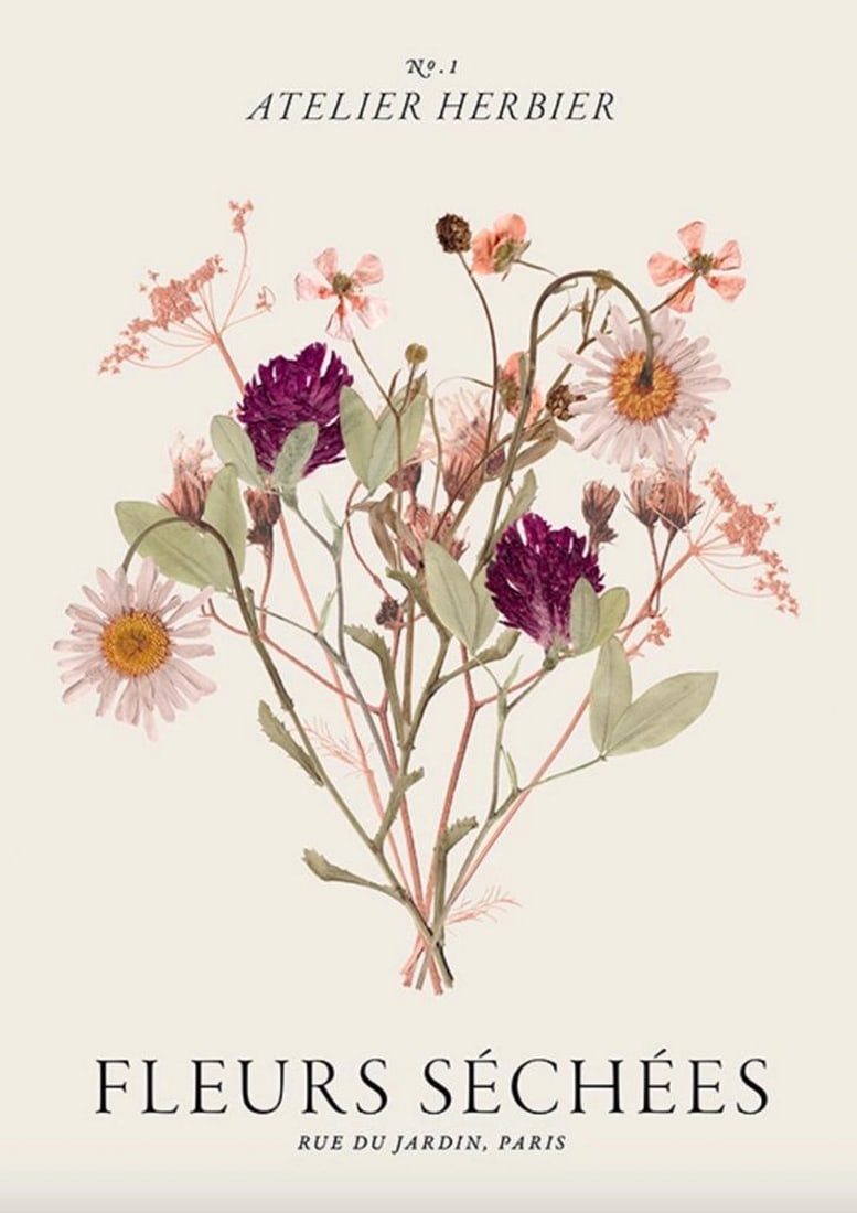 Fleurs Sechees Poster: Fleurs Sechees Poster Garden flowers bouquet. Botanical print with a bouquet of garden flowers against a light background, with text at the top and bottom of the poster. Dimensions: 20" x 28"