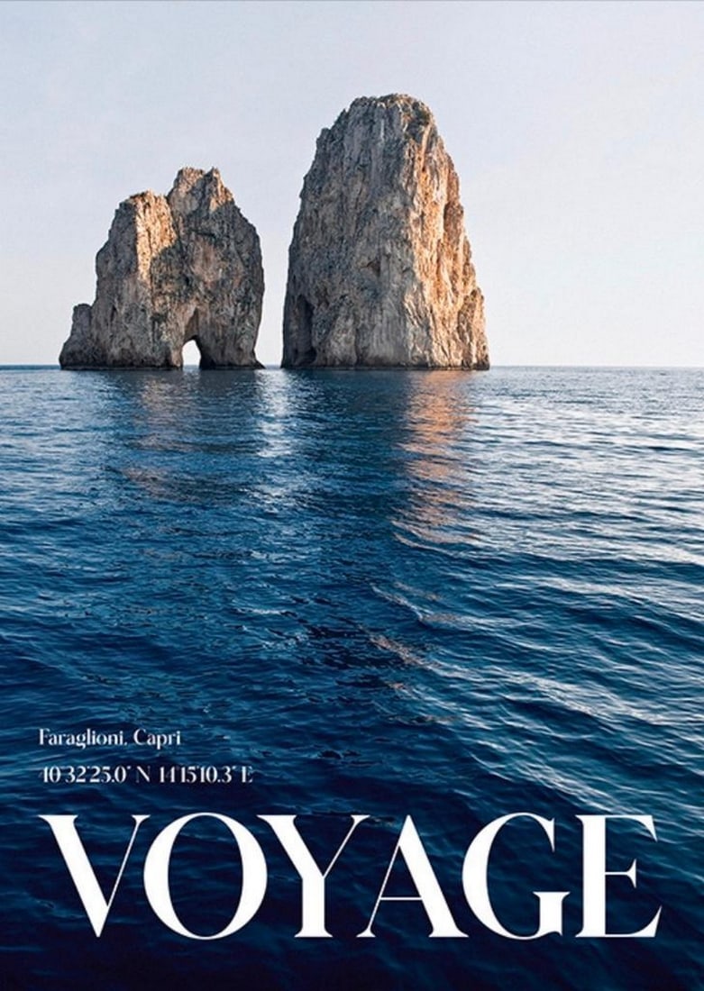 Blue Sea Voyage Poster: Blue Sea Voyage Poster Voyage on the ocean. Photograph of large cliffs in an ocean and the text "Voyage" in the foreground. Dimensions: 20" x 28" View Photos For Further Details.