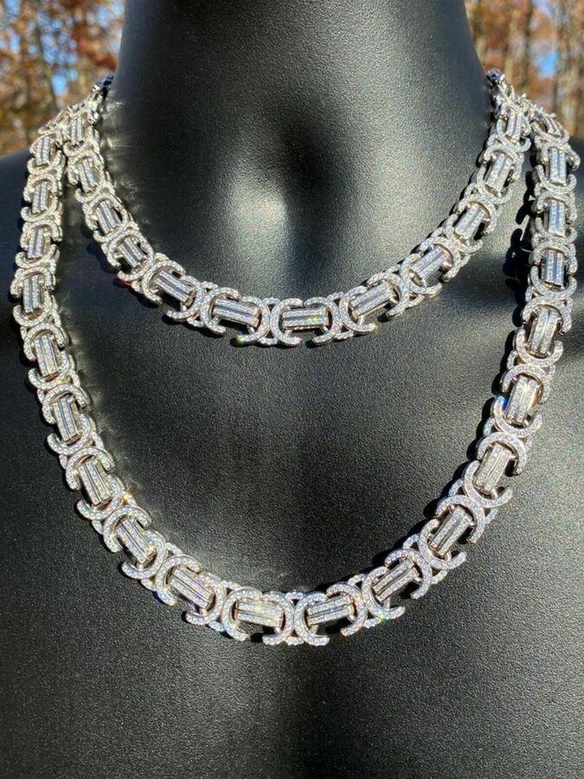 Men's Custom 14mm Wide Byzantine Custom 925 Designed: Men's 14mm Wide Byzantine Custom Designed Link Chain. A Very Uniques Custom Designed Pattern. Fully flooded out for an iced look That Is Certain To Catch People's Eye At Any Event Or Party.