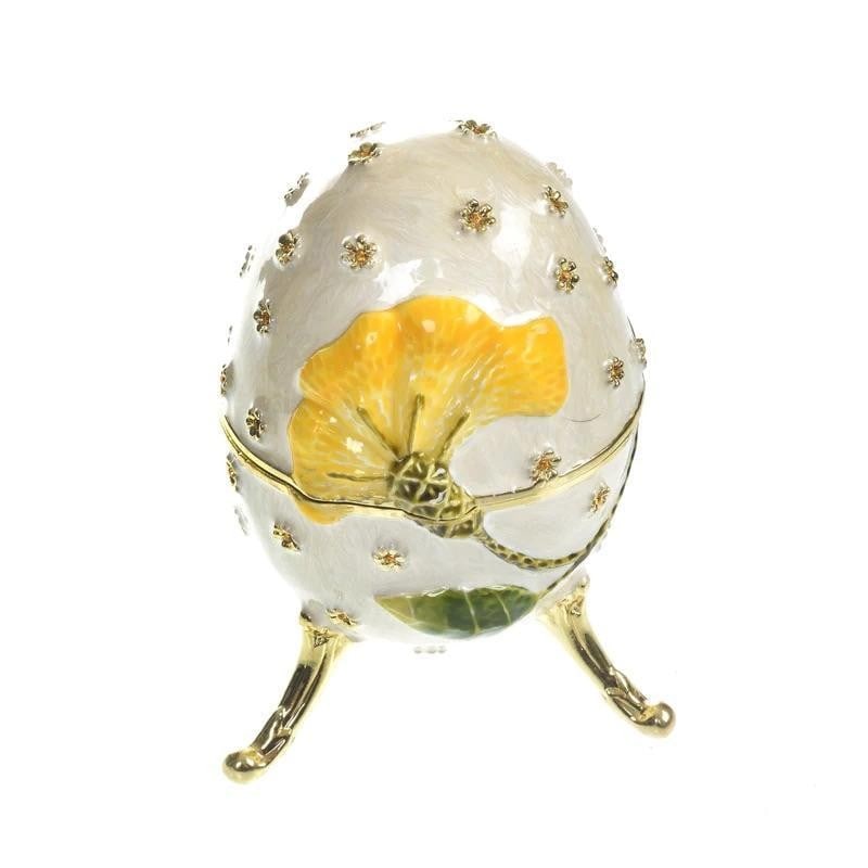 White Faberge Inspired Egg Music Box Decorated With Stunning Yellow Flower: White Faberge Inspired Egg Music Box Decorated With Stunning Yellow Flower Handmade Trinket Box Decorated with Austrian Crystals Gold Plated plays the melody of Fur Elise by Ludwig Van Beethoven. A sp