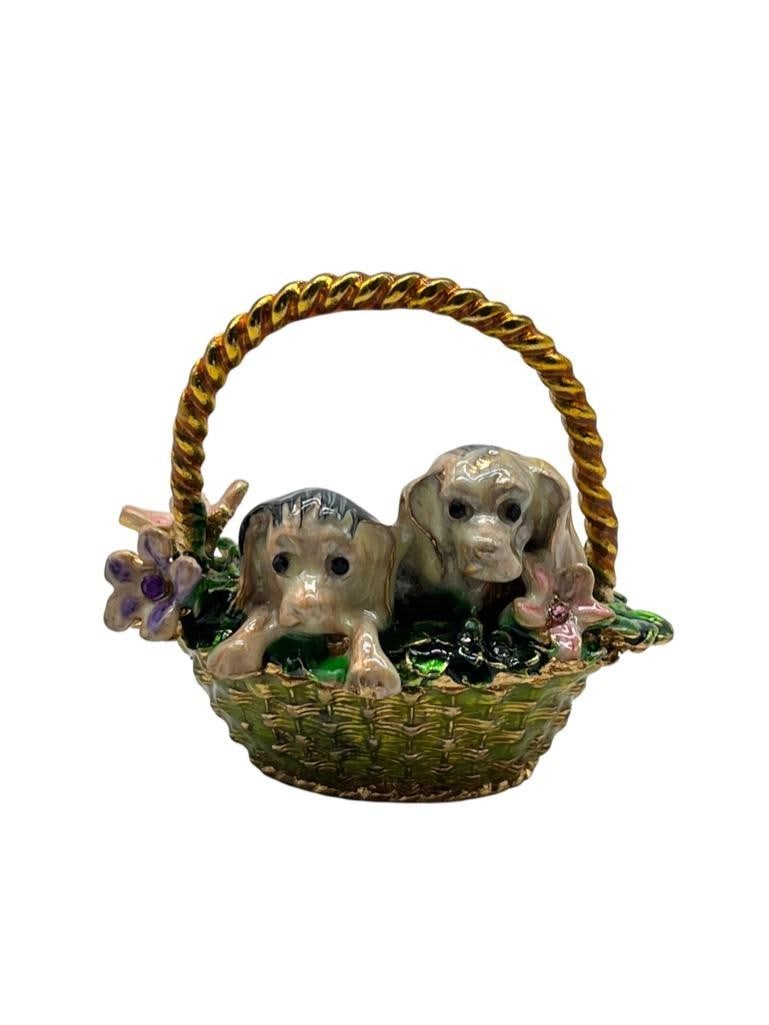 Puppies In Flower Basket Trinket Box: Puppies In Flower Basket Trinket Box A delightful and heartwarming piece that captures the innocence and playfulness of adorable puppies. Crafted from high-quality metal, this trinket box features a c
