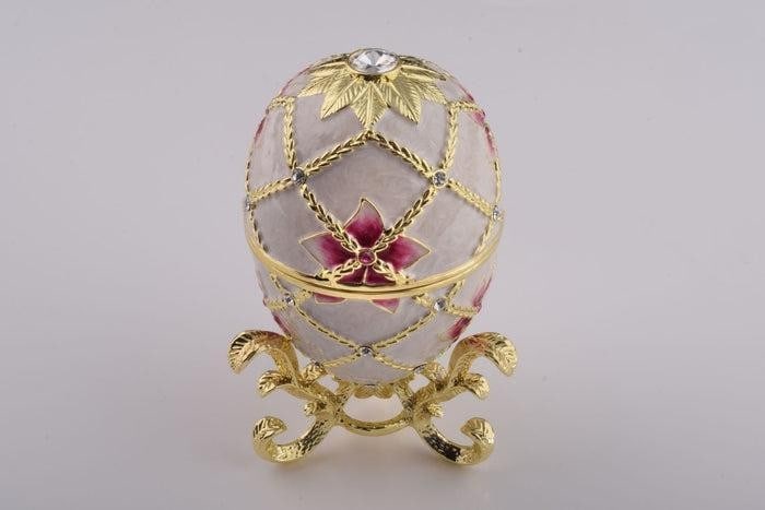 White Faberge Inspired Egg with Flowers and Harp: White Faberge Inspired Egg with Flowers and Harp A splendid handmade White Russian Egg with Flowers And Harp Surprise Inside Trinket Box. This piece is a unique one of a kind piece made for art