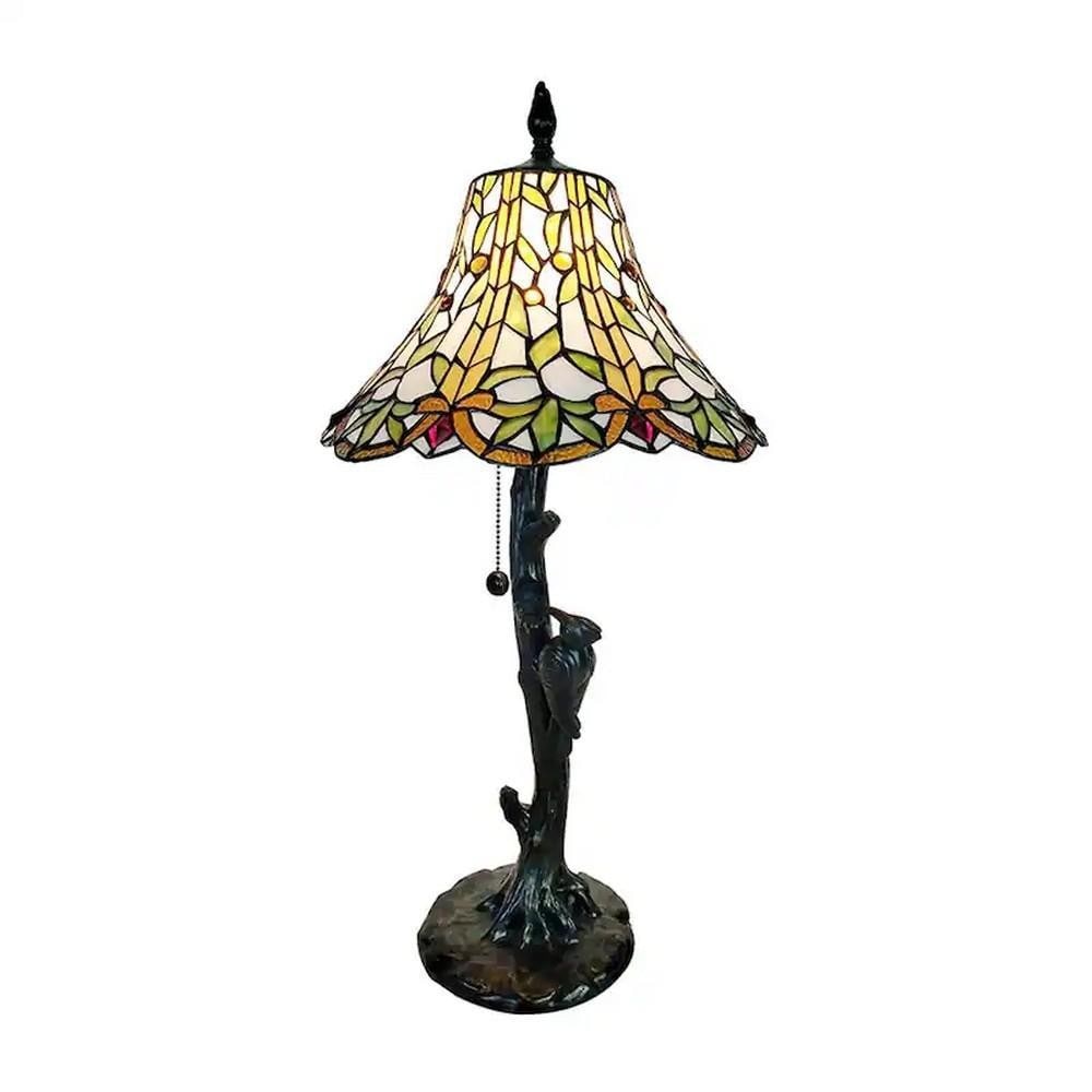 Lauralyn Stained Glass Green Tiffany Inspired Table Lamp: Lauralyn Stained Glass Green Tiffany Inspired Table Lamp This charming table lamp evokes the image of a cheerful woodpecker tapping at the base of a cherry tree. Crafted from 392 pieces of art glass, 