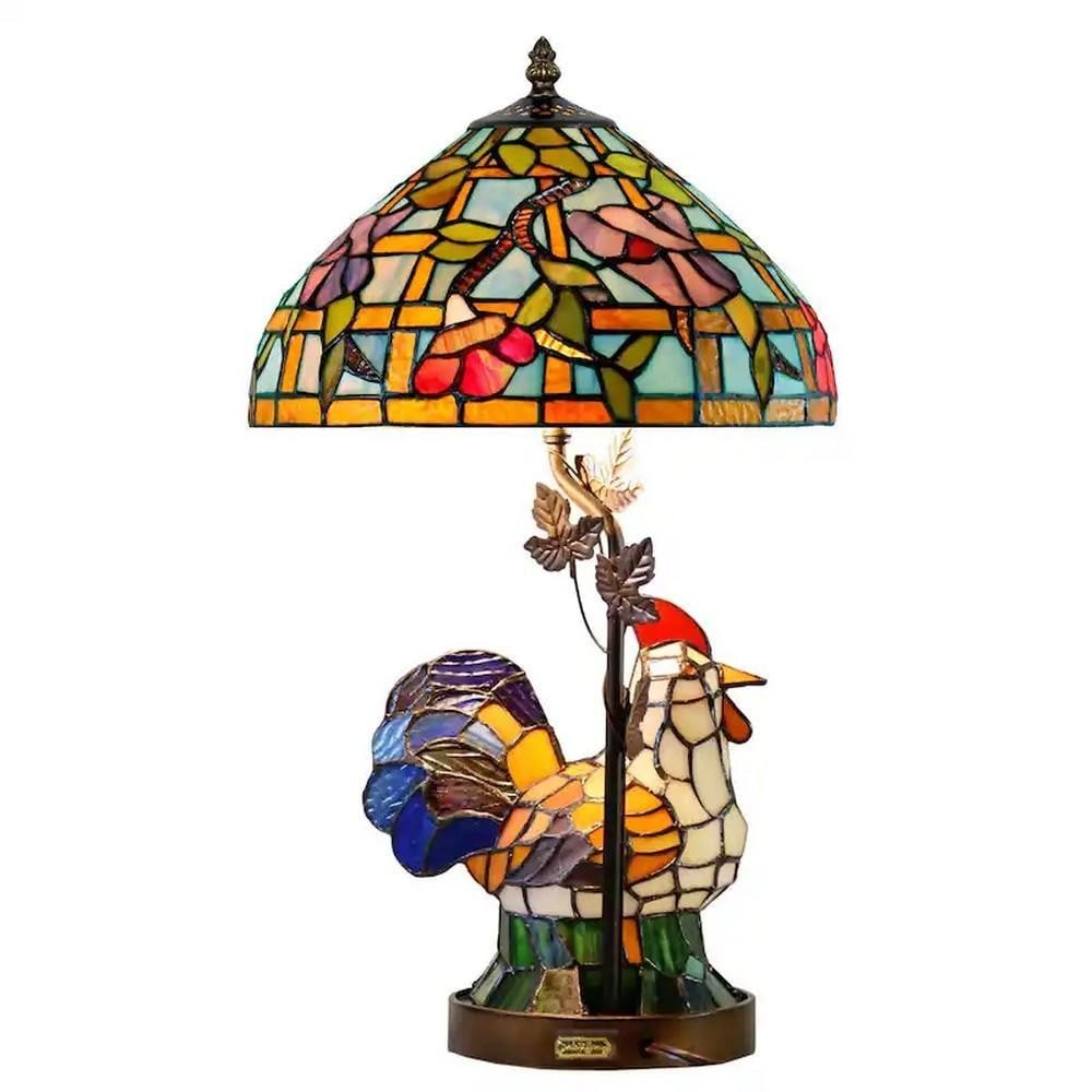 Canberry Rooster Art Glass Tiffany Inspired Table Lamp: Canberry Rooster Art Glass Tiffany Inspired Table Lamp The Canberry Rooster Tiffany Table Lamp is a masterfully crafted piece with a dark antique bronze finish base, intricately designed to resemble a
