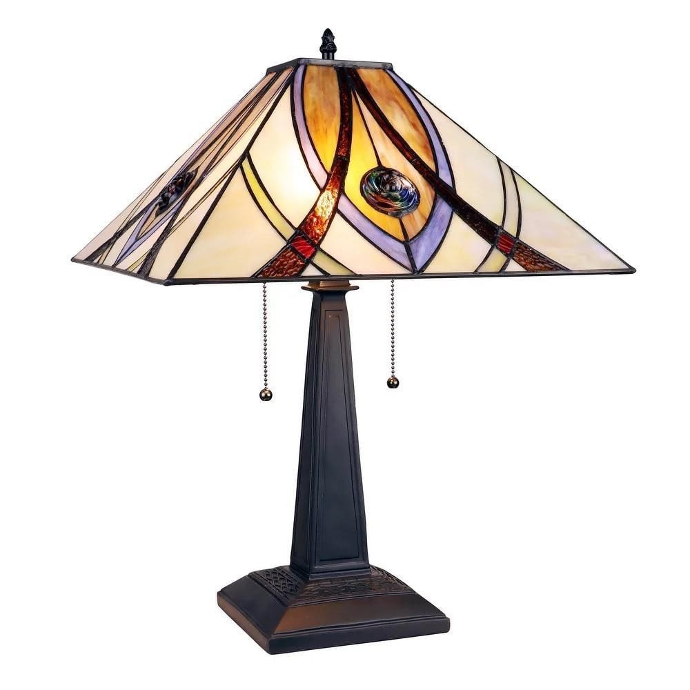 Tiffany-Style Victorian Design 2-Light Table Lamp - 16'': Tiffany-Style Victorian Design 2-Light Table Lamp - 16'' Table lamp featuring a Victorian-inspired Tiffany-style shade composed of 112 hand-cut art glass pieces and 4 glass beads in tones of amber, be
