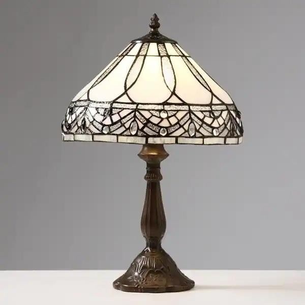 Tiffany-Inspired White Jewels Table Lamp: Tiffany-Inspired White Jewels Table Lamp This elegant Tiffany-style table lamp is crafted from 234 hand-cut stained glass pieces, each wrapped in copper foil to create its warm white and brown mosaic 