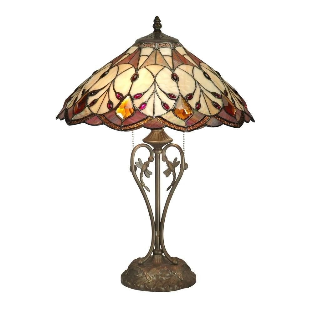 Tiffany-Inspired Table Lamp: Tiffany-Inspired Table Lamp This table lamp features a scalloped shade crafted from 230 pieces of hand-rolled art glass and art glass jewels in warm earth tones. Geometric patterns of circles, triangl