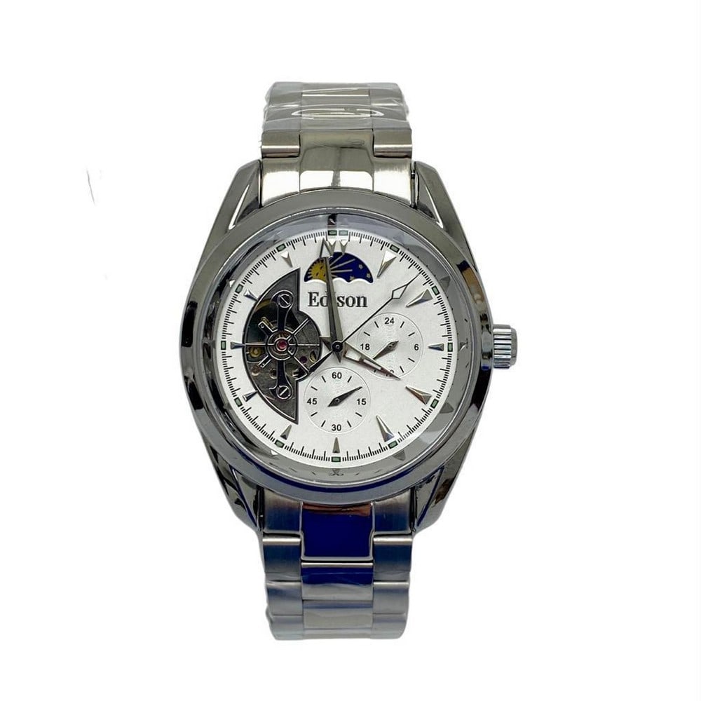 Mens Edison Quicksilver Gloss Finish & Brushed Stainless Steel Link Skeleton Chronograph Watch: Mens Edison Quicksilver Gloss Finish & Brushed Stainless Steel Link Skeleton Chronograph Watch. Built to last, easy to read, and looks good in any condition. This sophisticated Edison watch features