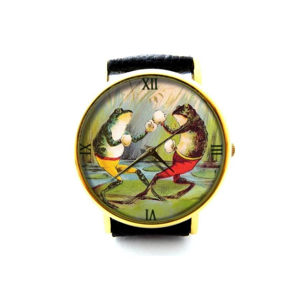 Unique Fencing Duel Watch Fantasy Frogs on Checkered Floor Dial & Black Leather Band: Unique Fencing Duel Watch Fantasy Frogs on Checkered Floor Dial & Black Leather Band A playful and imaginative timepiece that brings storytelling to your wrist. This unique watch features two fantasy-