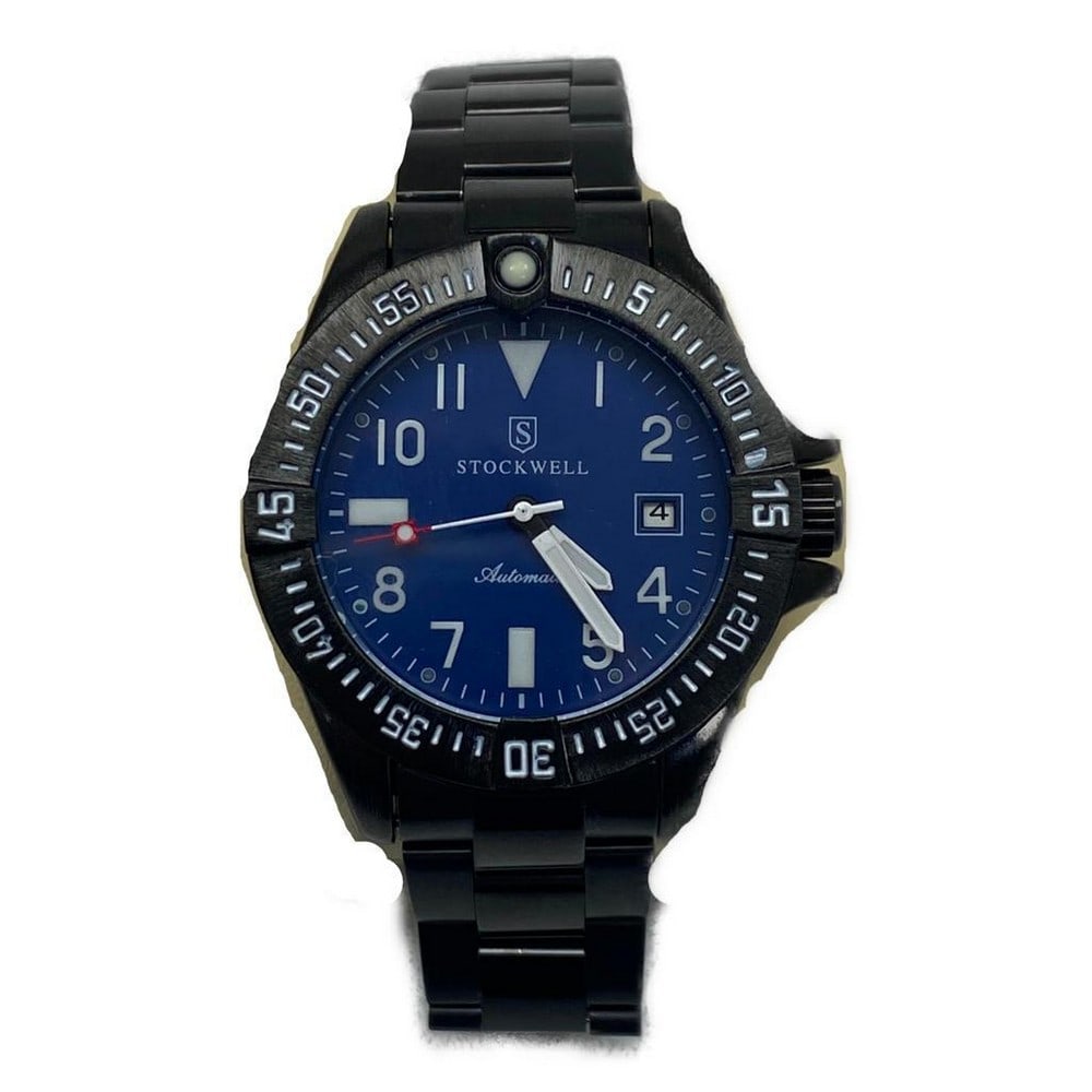 Men's Stockwell Automatic Watch With A Black Stainless Steel Strap Accented With A Blue Dial: Mens Stockwell Automatic Watch With A Black Stainless Steel Strap Accented With A Blue Dial Elevate your wardrobe with this mens analog watch. The watch features a black stainless steel band with a bl