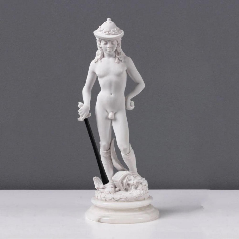 After Renaissance Sculpture Donatello ''DAVID'' Statue - (2lbs): After Renaissance Sculpture Donatello " DAVID" Statue - (2lbs) David by Donatello is the title of two statues of the biblical hero David by the Italian early Renaissance sculptor Donatello. They