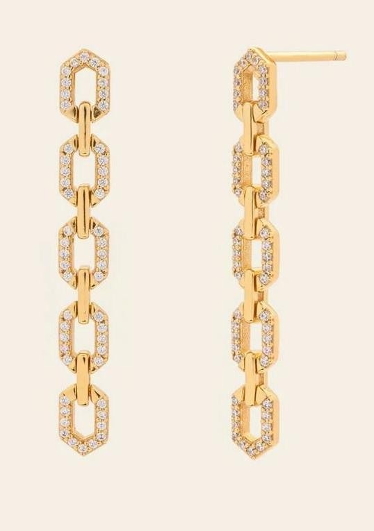 Golden Link Drop Earrings: Golden Link Drop Earrings Elegant drop earrings with a modern twist, designed to offer graceful movement and subtle sparkle. Each link is crafted in 14k gold vermeil and accented with micro pave CZ