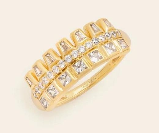 Radiant Cascade Ring - Gold Vermeil: Radiant Cascade Ring - Gold Vermeil Bold and versatile, the Radiant Cascade ring features three rows of intricately cut CZ stones for a textured, sparkling look. Crafted in 14k gold vermeil, it can