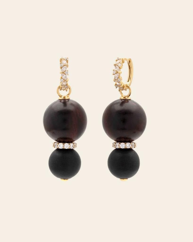 Twist & Spark Huggie Earrings: Twist & Spark Huggie Earrings Not your average drops, these huggies combine sparkling pave CZ stones with stacked medium and dark wood beads for a textured, contemporary look. Crafted in 14k gold
