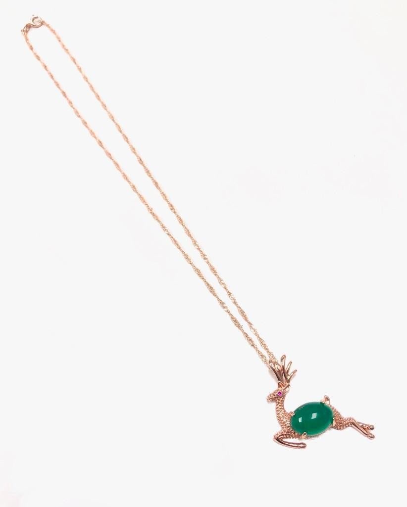 Green Agate Chalcedony 925 Silver Crystal Deer Pendant (1 of 5)