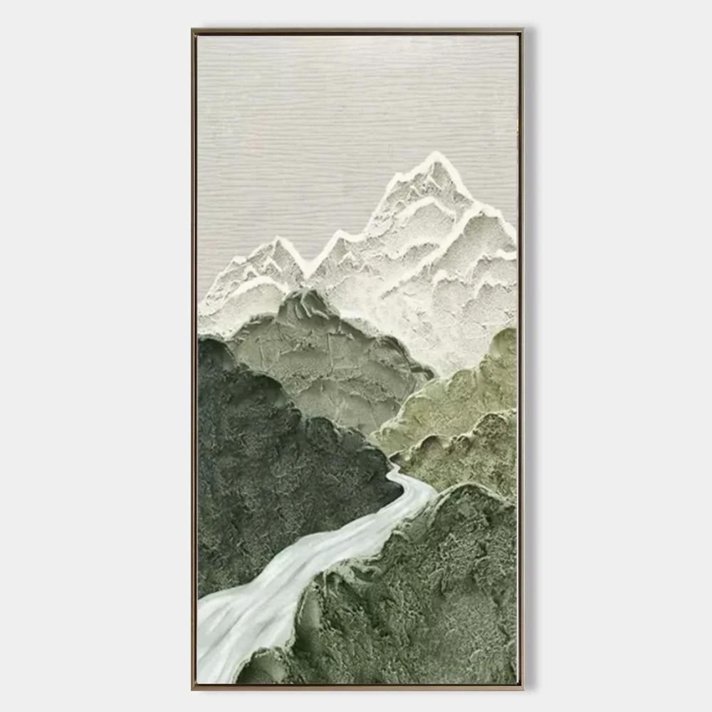 Wabi-Sabi Inspired Wall Art: Wabi-Sabi Inspired Wall Art This Wabi-Sabi inspired wall art features a serene landscape with mountains and a flowing river. The muted color palette of greens, whites, and grays enhances its tranquil 