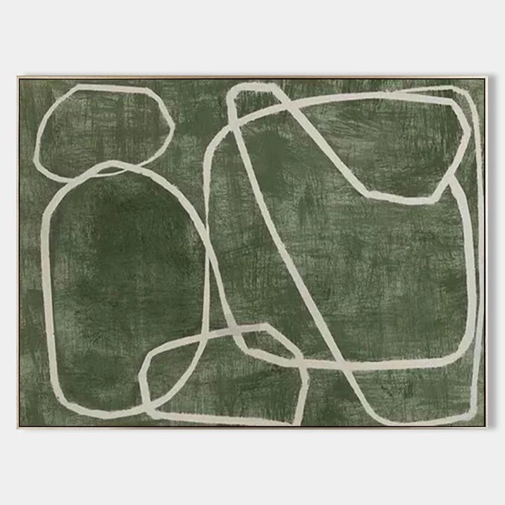 Wabi-Sabi Inspired Wall Art: Wabi-Sabi Inspired Wall Art This Wabi-Sabi inspired wall art features an abstract design with irregular white lines forming incomplete and asymmetric shapes on a textured dark green background. The si