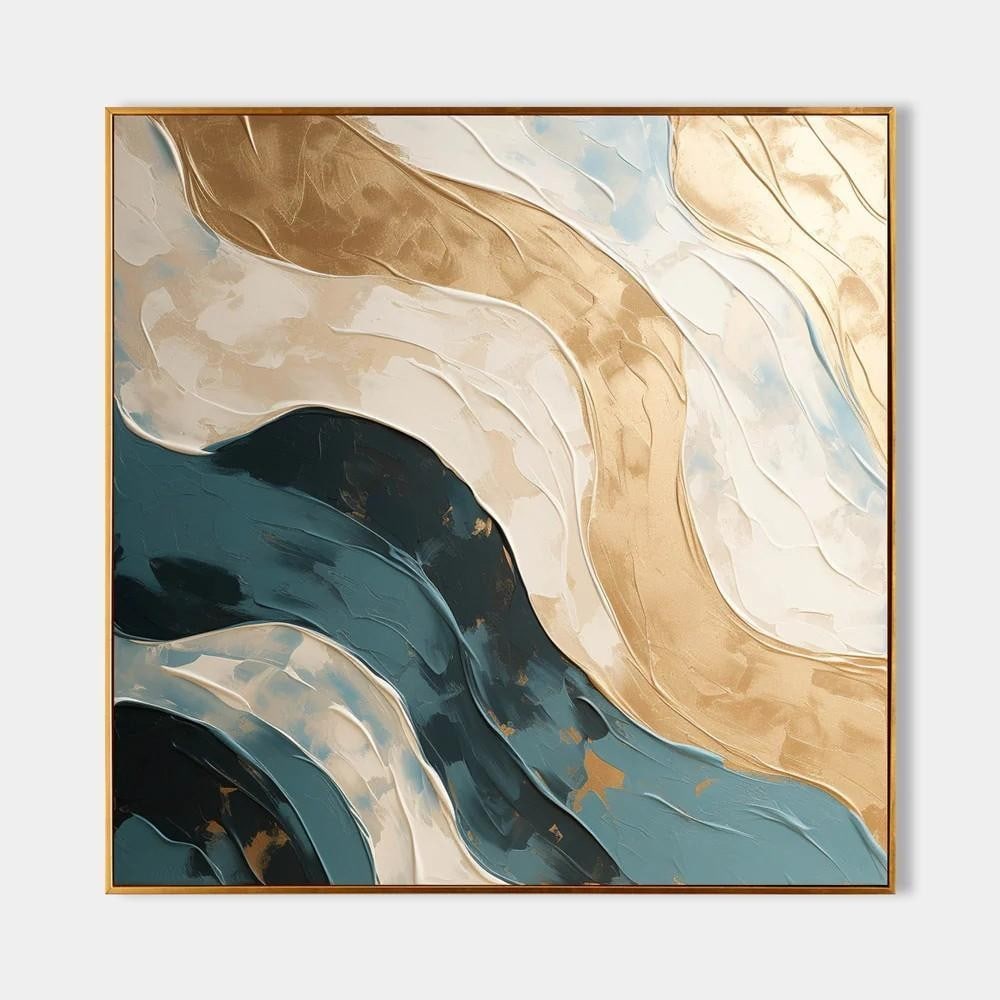 Textured Plaster Art Piece: Textured Plaster Art Piece This textured plaster art piece features an abstract design with flowing shapes and curves. The color palette includes shades of blue, gold, white, and beige, creating a sen