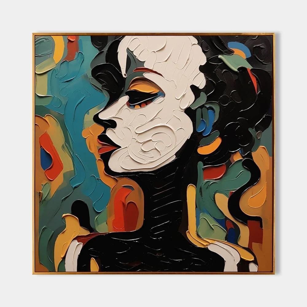 Human Abstract Colorful Painting: Human Abstract Colorful Painting This human abstract colorful painting features a vibrant mix of shapes and colors, including shades of blue, orange, black, and white. The composition is dynamic and f