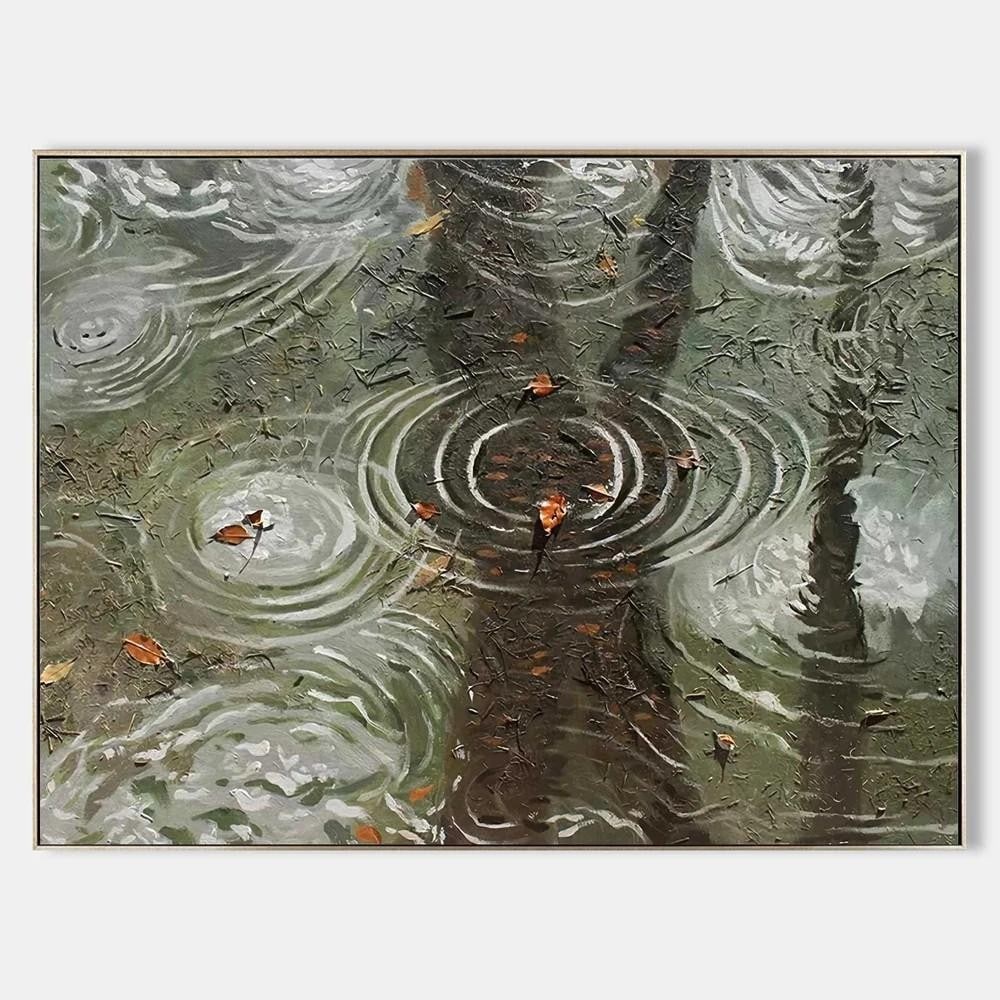 Wabi-Sabi Inspired Pond Wall Art: Wabi-Sabi Inspired Pond Wall Art This Wabi-Sabi inspired pond wall art captures the serene beauty of raindrops creating concentric ripples on a pond's surface. The muted color palette of greens, brown