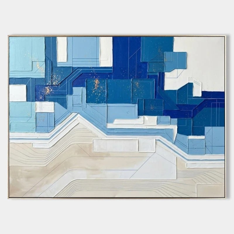 'Layers of Blue Horizon'' Abstract Art Canvas Painting: " Layers of Blue Horizon" Abstract Art Canvas Painting This striking contemporary artwork features a dynamic arrangement of layered geometric forms in varying shades of blue, creating the impres