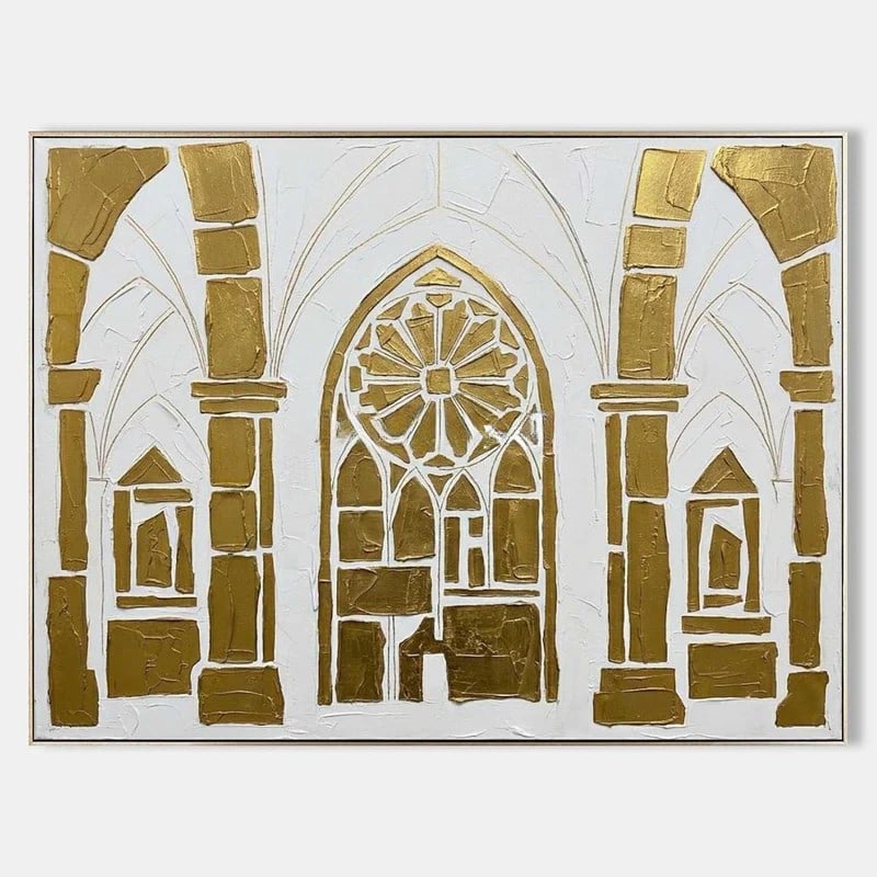 'Golden Cathedral Arch'' Abstract Art Canvas Painting: " Golden Cathedral Arch" Abstract Art Canvas Painting This elegant textured artwork captures the grandeur of classical architecture through a modern abstract interpretation. Stylized arches and 