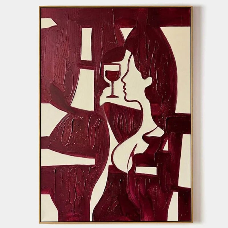'Wine and Whispers'' Abstract Art Canvas Painting: " Wine and Whispers" Abstract Art Canvas Painting This bold and expressive composition captures the elegant silhouette of a woman intertwined with abstract forms in deep crimson tones. A delicat