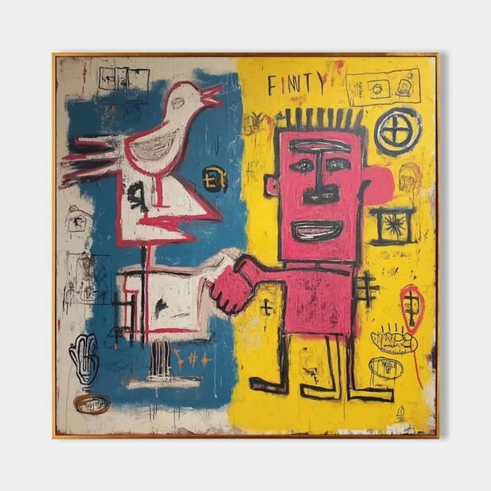 Abstract Expressionist Canvas Painting: Abstract Expressionist Canvas Painting Step into the vibrant chaos of " FINTY Encounter," an abstract expressionist canvas painting that captures a surreal moment of connection. A bold pink figu