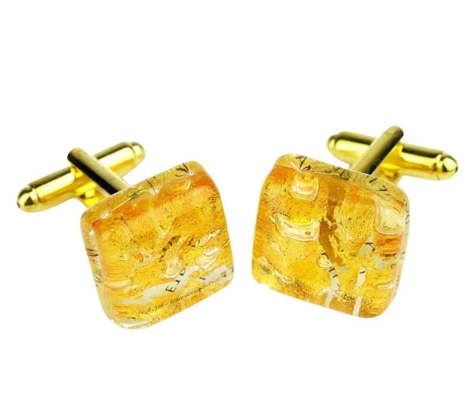 Honey Gold Men's Murano Glass Cuff Links: Honey Gold Mens Murano Glass Cuff Links Indulge in the epitome of sophistication with our elegant cufflinks meticulously handcrafted using the exquisite technique of fusing-glass. Each pair is a testa