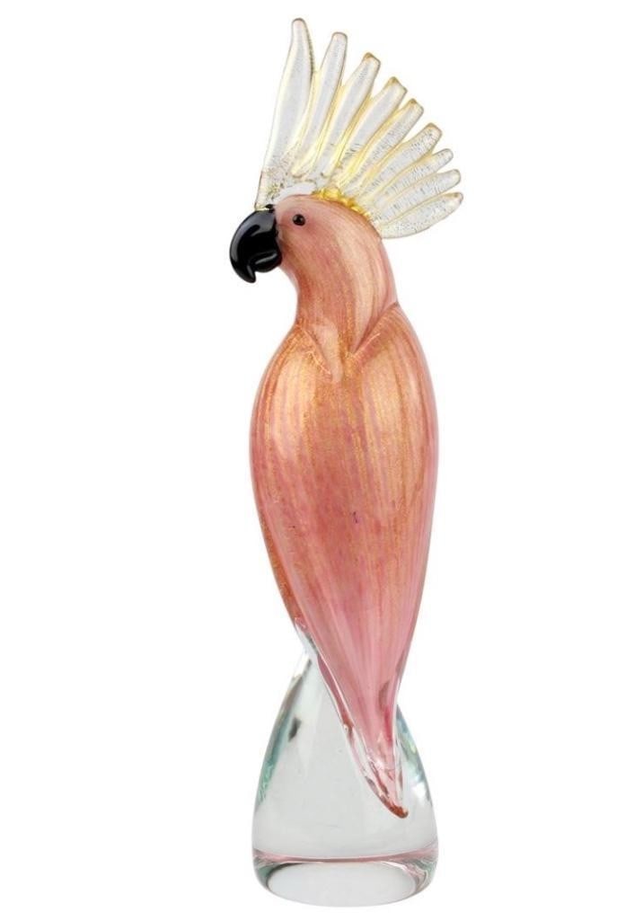 Pink Parrot Murano Glass Sculpture: Pink Parrot Murano Glass Sculpture Sinuous sculpture of parrot in pink with gold leaf on crystal base, worked in solid glass with the glass working techniques in Murano. This lovely sculpture, extreme