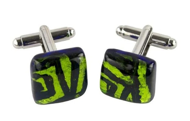 Fluo Green & Chrome Silver Murano Glass Men's Cuff Links (1 of 3)