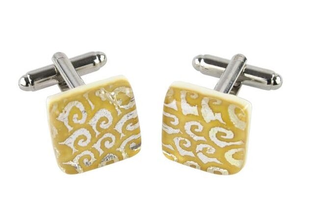 Yellow Murano Glass Cufflinks OCRA: Yellow Murano Glass Cufflinks OCRA Discover the epitome of sophistication with our Elegant Murano Glass Cufflinks, expertly handcrafted using the fusing-glass technique and embellished with gleaming s