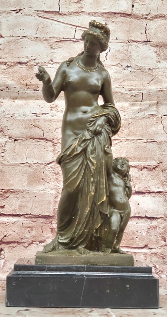 Roman Goddess Venus Original Bronze Statue - 11'' x 5.5'': Roman Goddess Venus Original Bronze Statue - 11" x 5.5" This refined bronze sculpture beautifully depicts Venus, the Roman goddess of love, alongside her playful son, Cupid. Venus stands with cl