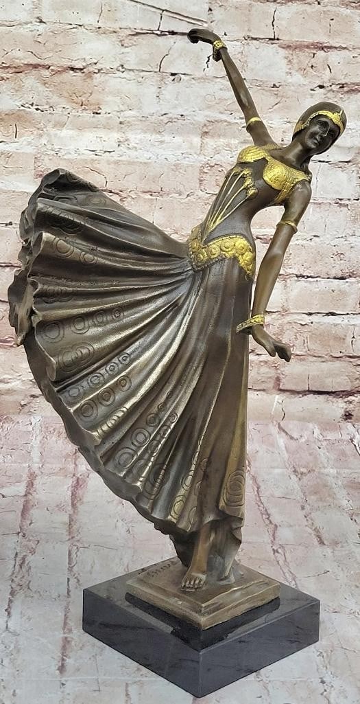 Elegant Demetre Chiparus Dancer Inspired Bronze Sculpture on Marble Base - 18'' x 14'': Elegant Demetre Chiparus Dancer Inspired Bronze Sculpture on Marble Base - 18" x 14" Crafted with precision and care, this exquisite bronze sculpture captures the essence of movement and grace i