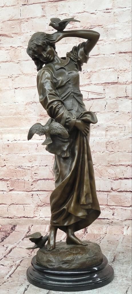 Woman with Birds Bronze Sculpture by Miguel Lopez - 23'' x 11'': Woman with Birds Bronze Sculpture by Miguel Lopez - 23" x 11" Introducing an Elegant Bronze Sculpture: This depiction of a young woman interacting with birds is meticulously handcrafted with car