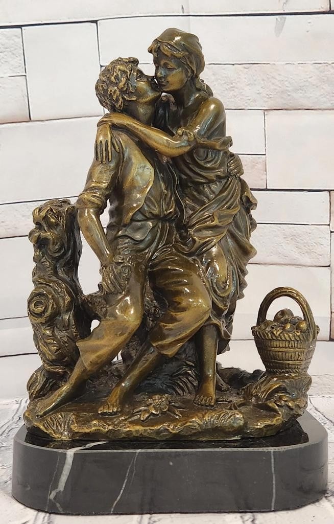 Art Nouveau Romantic Couple Original Bronze Sculpture - 11'' x 7'': Art Nouveau Romantic Couple Original Bronze Sculpture - 11" x 7" This bronze sculpture presents a couple in a flowing, intimate pose, reflecting themes of connection and balance associated with 