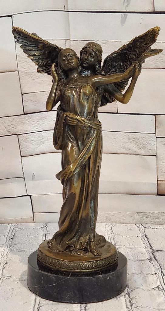 Aldo Vitaleh Guardian Angel Embrace Original Bronze Sculpture - 11'' x 7'': Aldo Vitaleh Guardian Angel Embrace Original Bronze Sculpture - 11" x 7" This bronze sculpture depicts a guardian angel gently embracing a woman, conveying themes of protection and reassurance. 