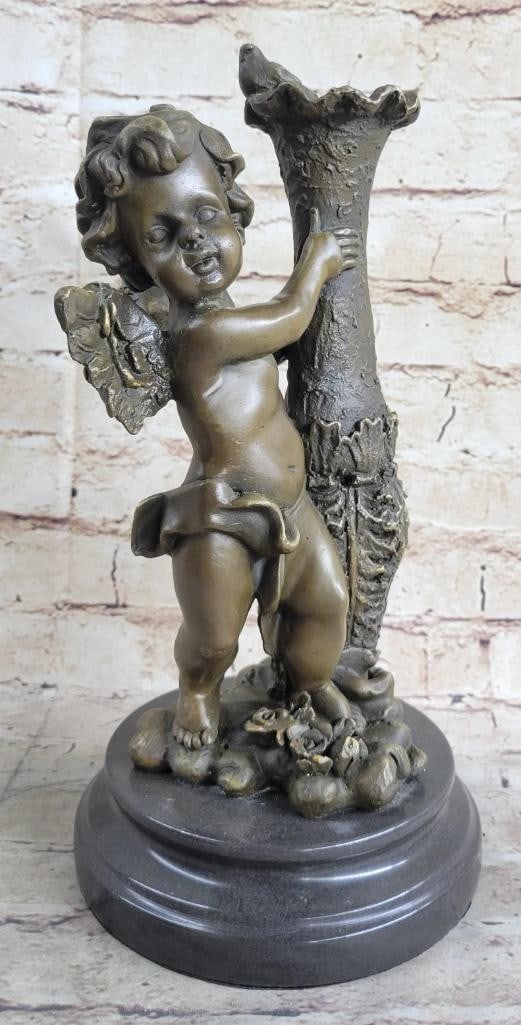 Cherub Angel Bronze Sculpture On Marble Base - 12'' x 5.5'': Cherub Angel Bronze Sculpture On Marble Base - 12" x 5.5" The cherubic angel seems to have just landed from great heights among the ruins of an old enchanted garden. He holds himself steady from