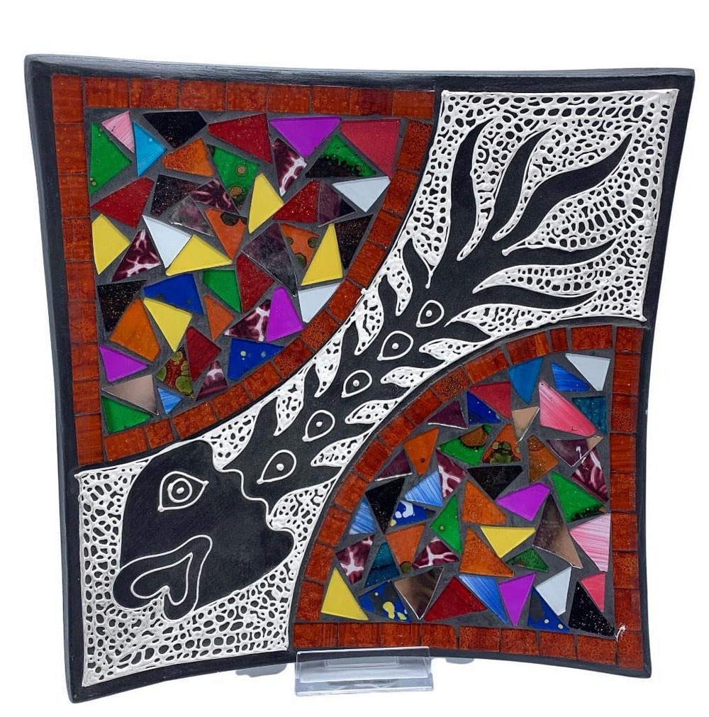 Colourful Mosiac Patterned Decorative Plate: Colourful Mosiac Patterned Decorative Plate This stunning plate will be the talk at your next dinner party. A mosiac pattern is a surface decoration made by inlaying small pieces of variously coloured