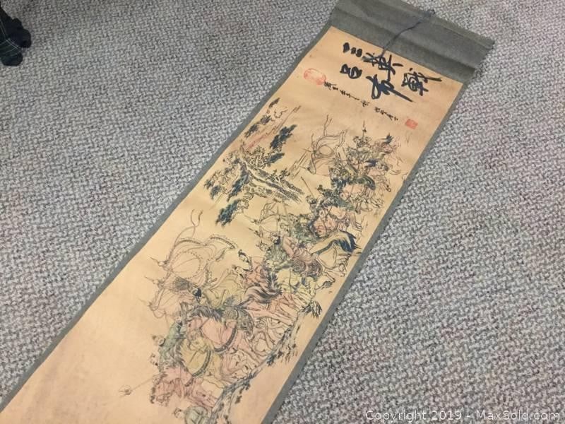 Asian Painted 4 Warriors Legend Scroll With Marks: Asian Painted 4 Warriors Legend Scroll With Red Seal Marks.View Photos For Further Details.